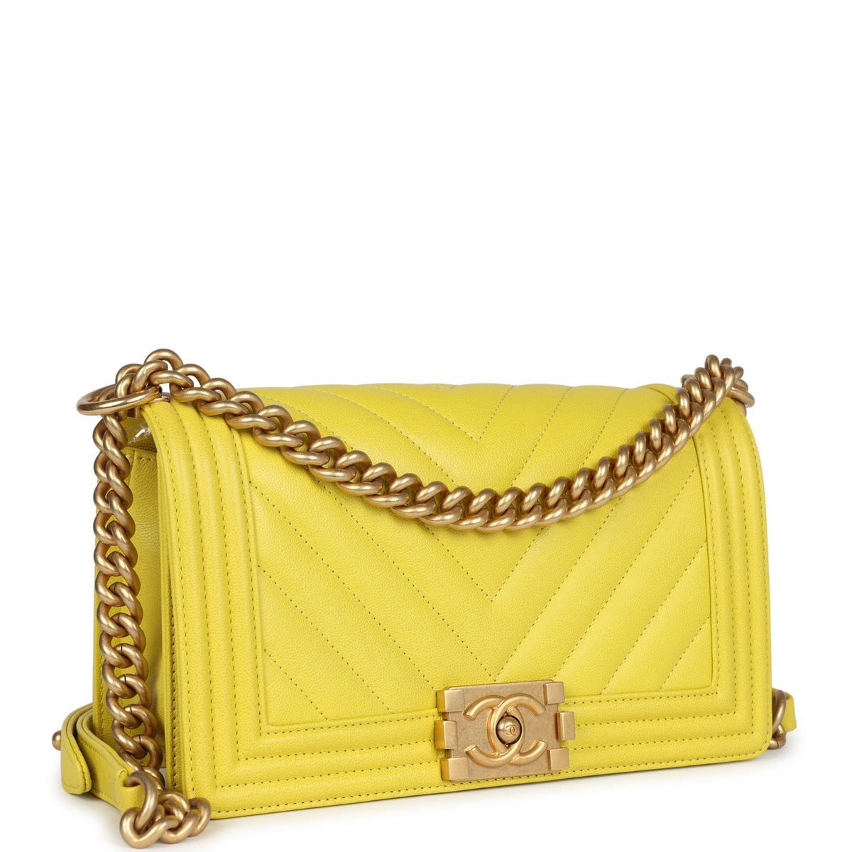 Chanel Medium Chevron Boy Bag Yellow Grained Calfskin Brushed Gold Hardware