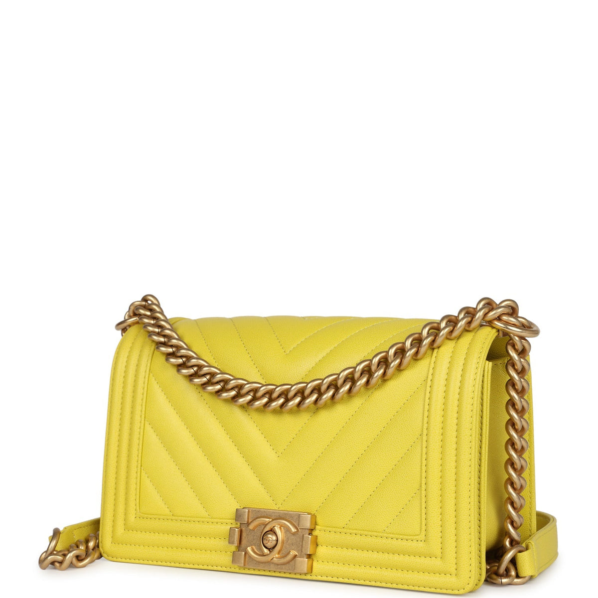 Chanel Medium Chevron Boy Bag Yellow Grained Calfskin Brushed Gold Hardware
