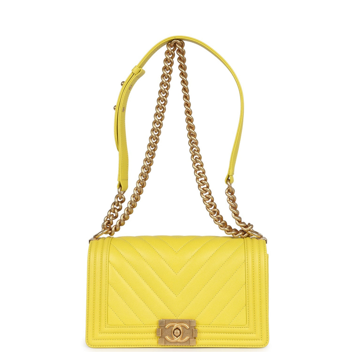 Chanel Medium Chevron Boy Bag Yellow Grained Calfskin Brushed Gold Hardware