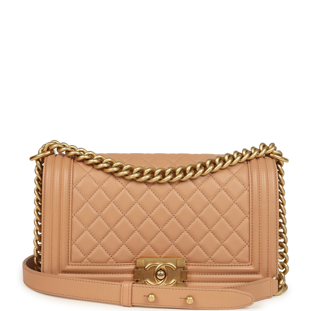 Pre-owned Chanel Medium Boy Bag Dark Beige Lambskin Antique Gold Hardware