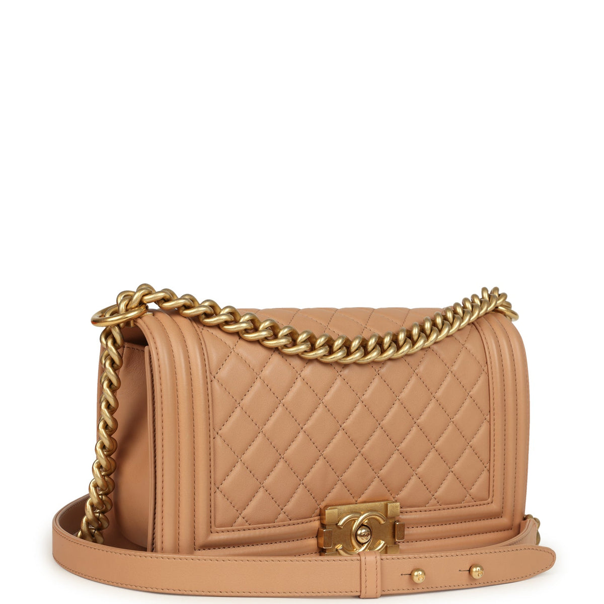 Pre-owned Chanel Medium Boy Bag Dark Beige Lambskin Antique Gold Hardware