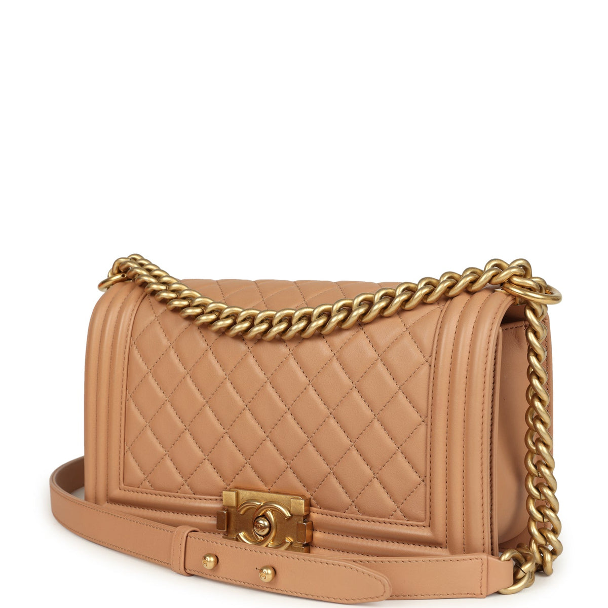 Pre-owned Chanel Medium Boy Bag Dark Beige Lambskin Antique Gold Hardware