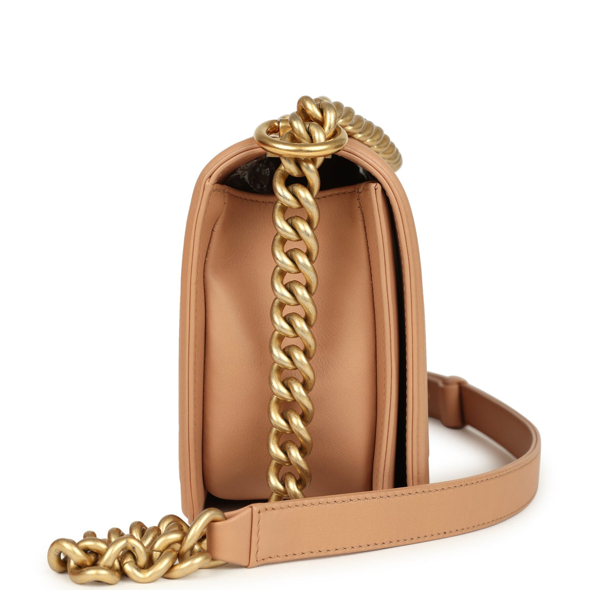 Pre-owned Chanel Medium Boy Bag Dark Beige Lambskin Antique Gold Hardware