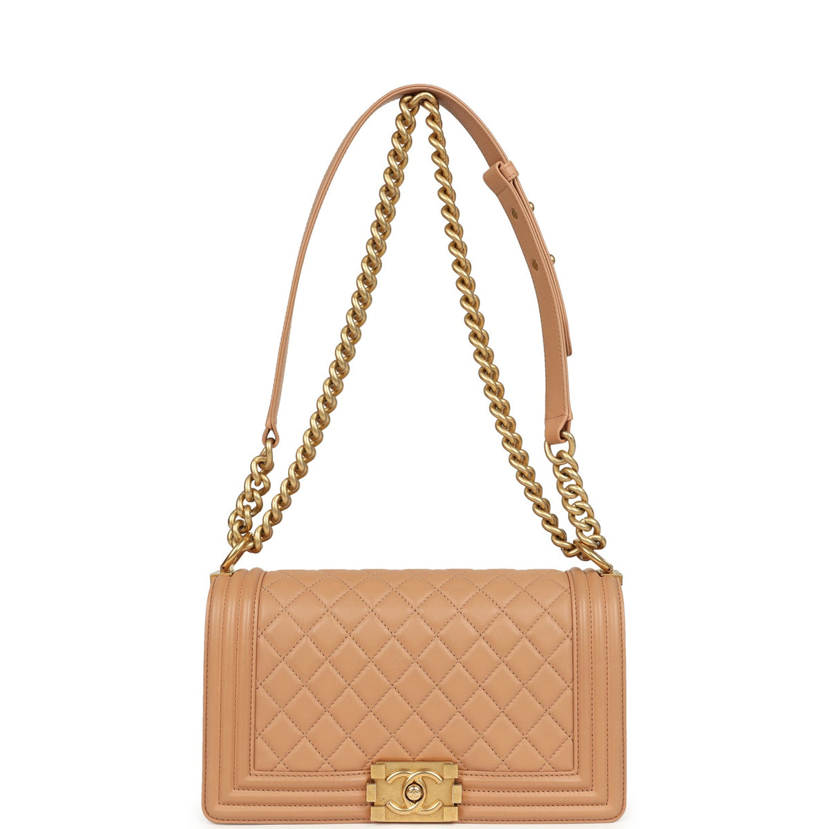 Pre-owned Chanel Medium Boy Bag Dark Beige Lambskin Antique Gold Hardware