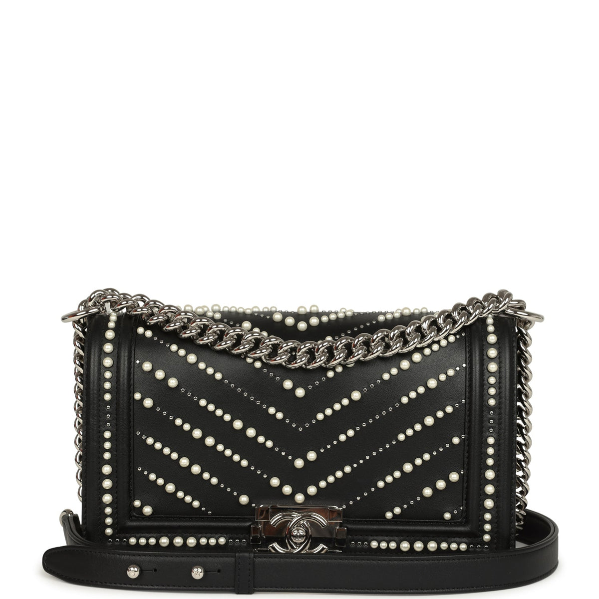Chanel Medium Boy Bag Black Pearl Chevron Calfskin Silver Hardware