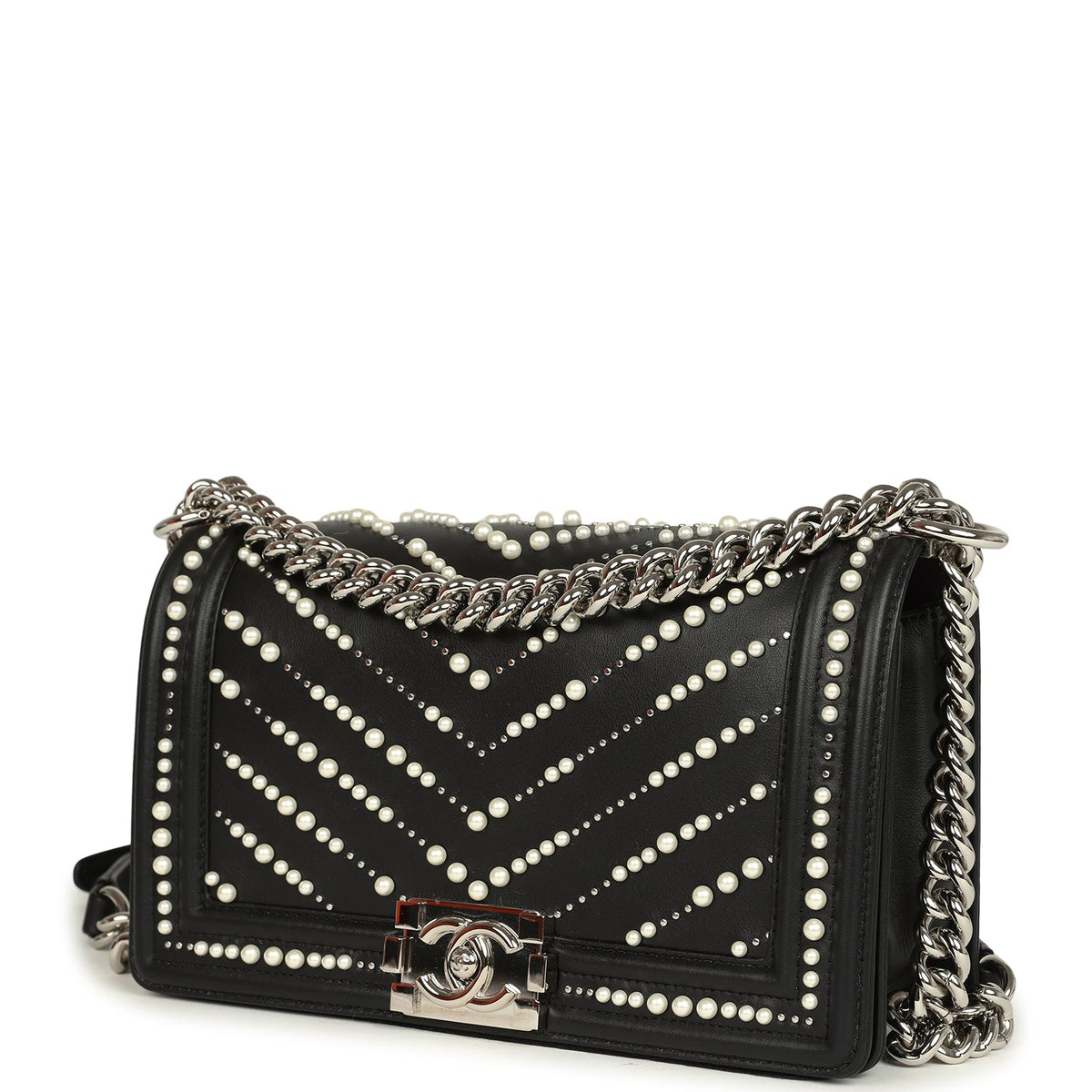 Chanel Medium Boy Bag Black Pearl Chevron Calfskin Silver Hardware