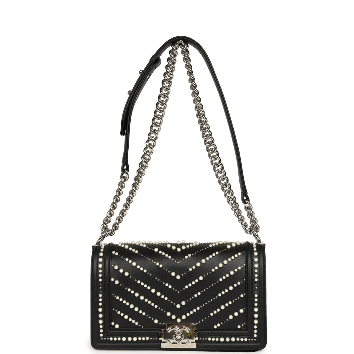 Chanel Medium Boy Bag Black Pearl Chevron Calfskin Silver Hardware
