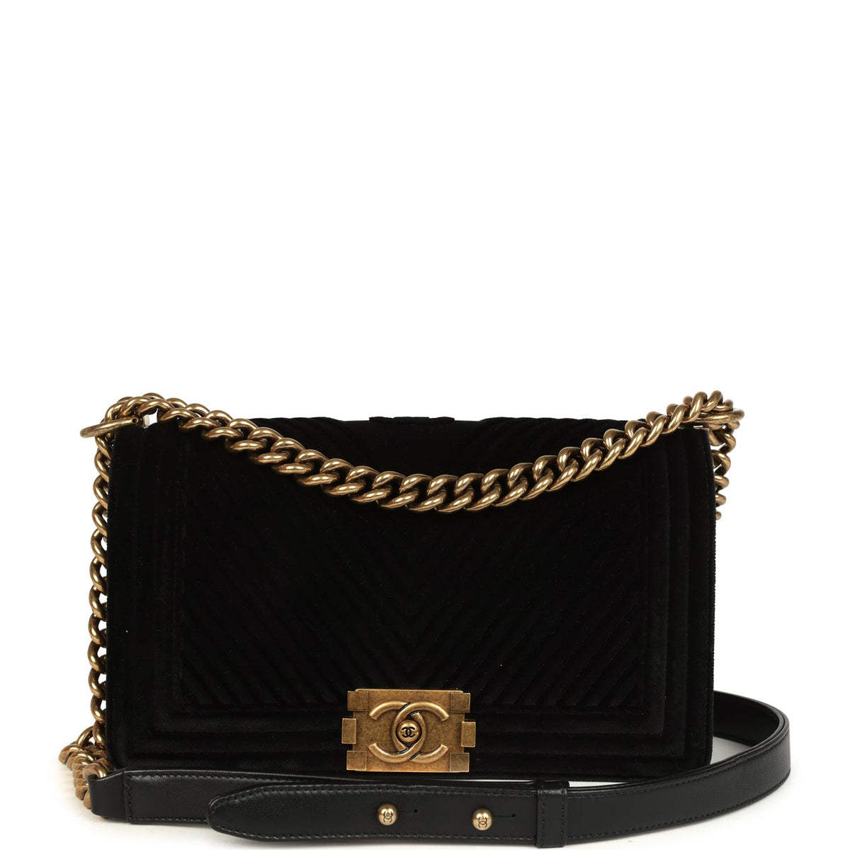 Pre-owned Chanel Medium Boy Bag Black Chevron Velvet Antique Gold Hardware