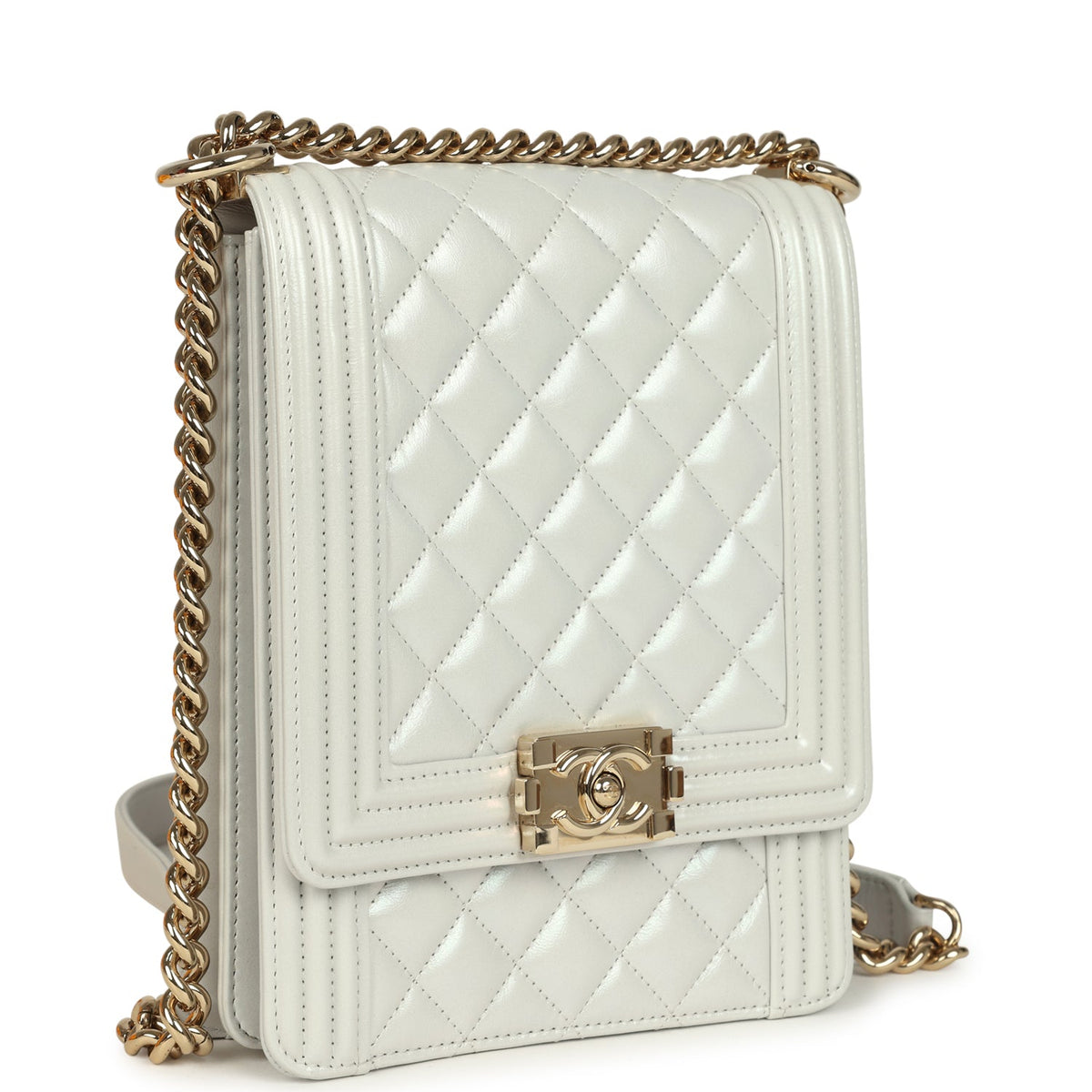 Pre-owned Chanel North South Boy Bag Light Grey Iridescent Calfskin Light Gold Hardware