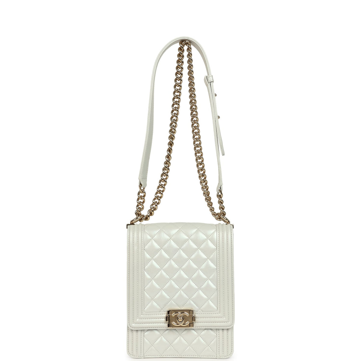 Pre-owned Chanel North South Boy Bag Light Grey Iridescent Calfskin Light Gold Hardware