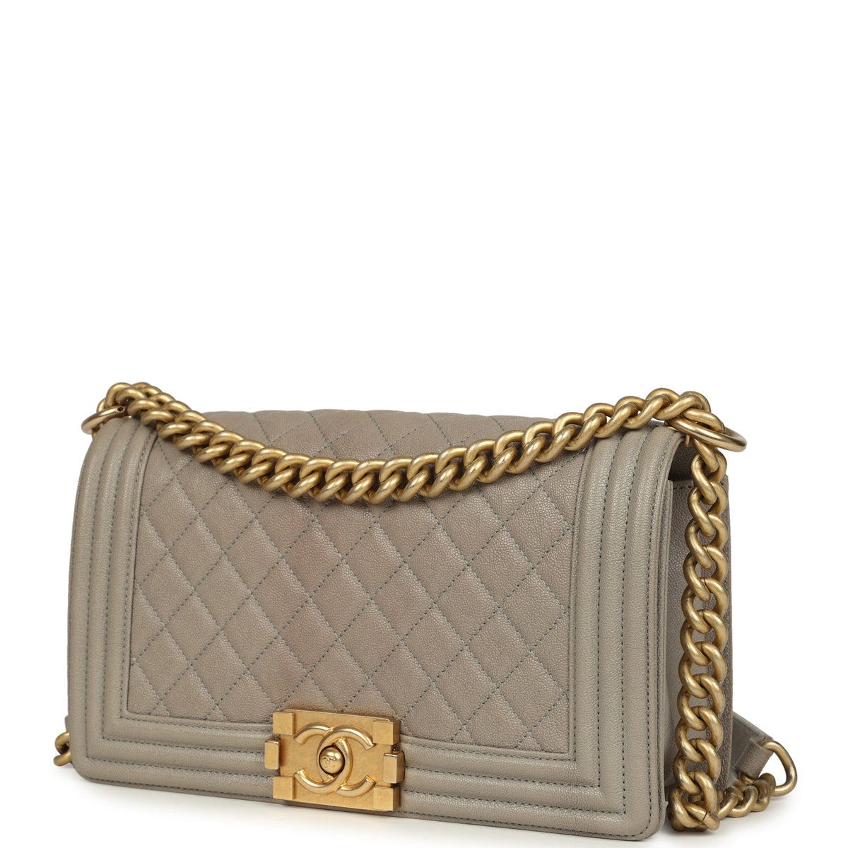 Pre-owned Chanel Medium Boy Bag Taupe Caviar Antique Gold Hardware