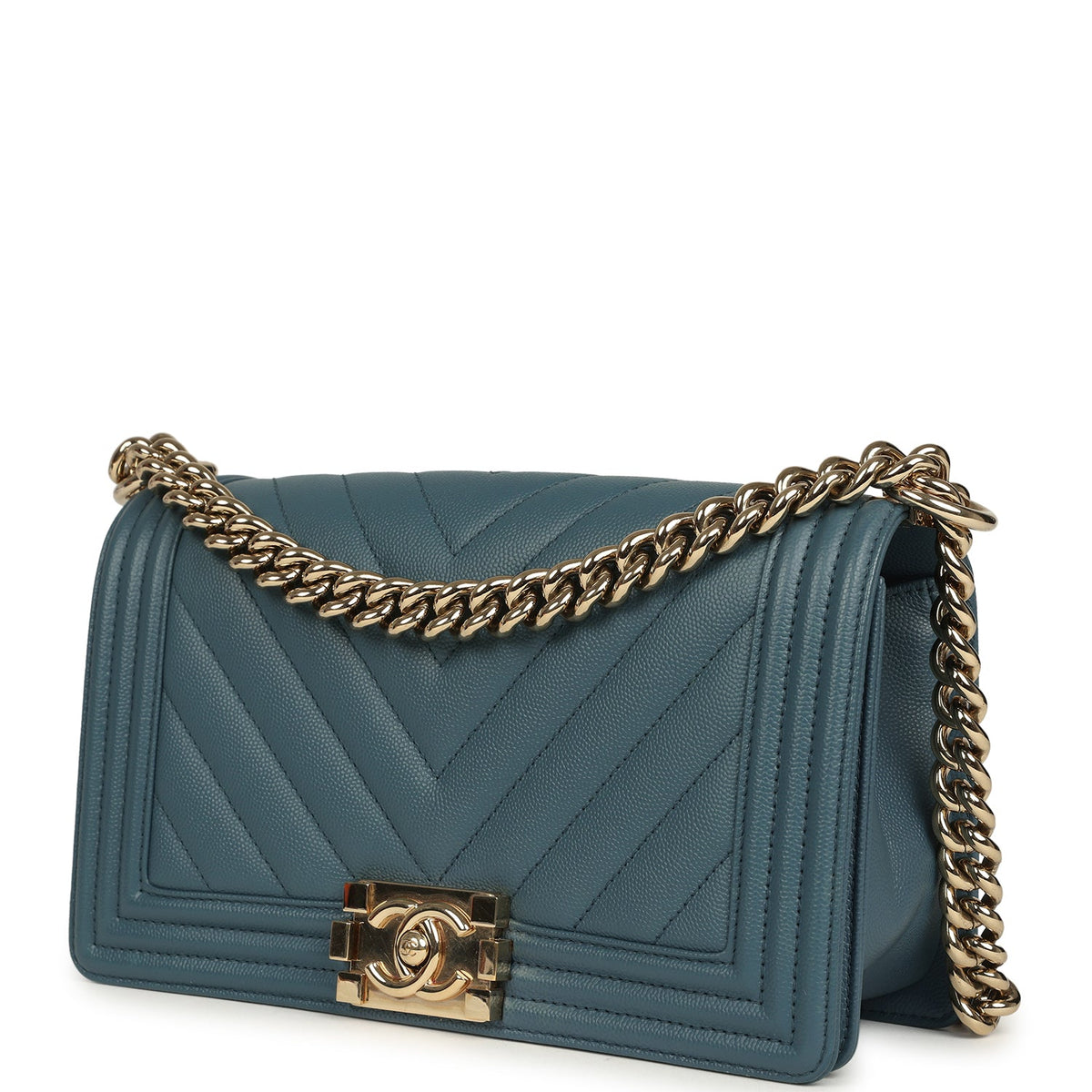 Pre-owned Chanel Medium Chevron Boy Bag Blue Caviar Light Gold Hardware