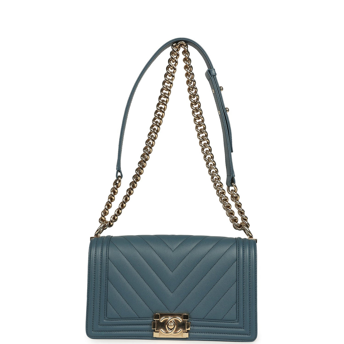 Pre-owned Chanel Medium Chevron Boy Bag Blue Caviar Light Gold Hardware