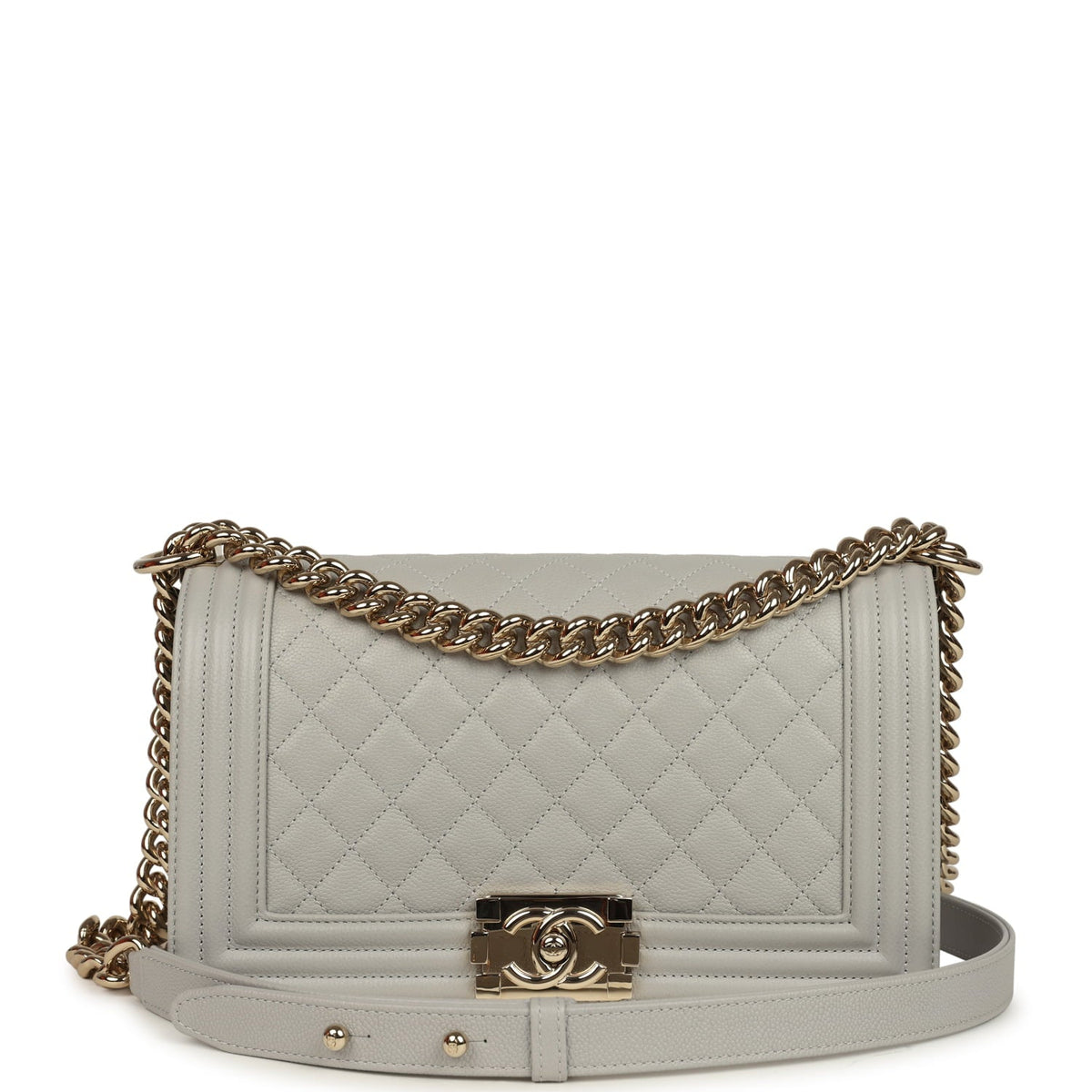 Chanel Medium Boy Bag Light Grey Caviar Light Gold Hardware