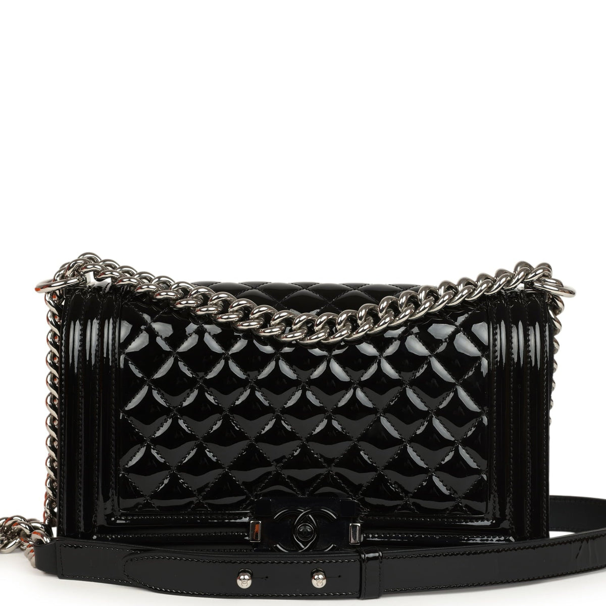 Pre-owned Chanel Medium Boy Bag Black Patent Silver Hardware