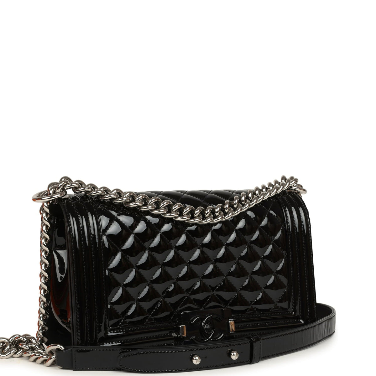 Pre-owned Chanel Medium Boy Bag Black Patent Silver Hardware