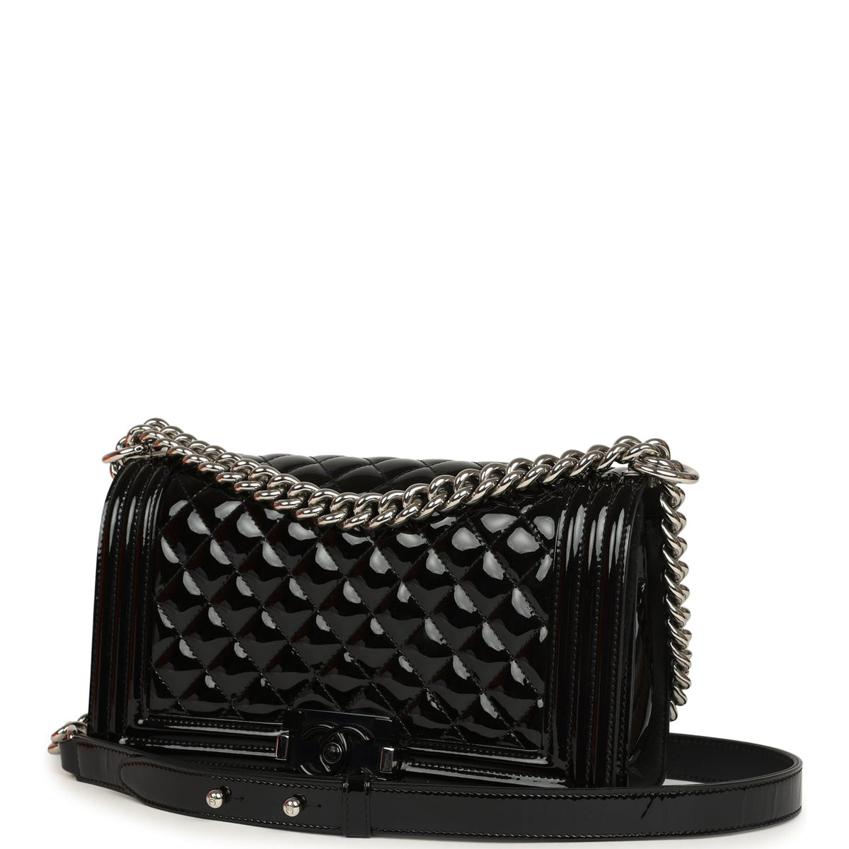 Pre-owned Chanel Medium Boy Bag Black Patent Silver Hardware