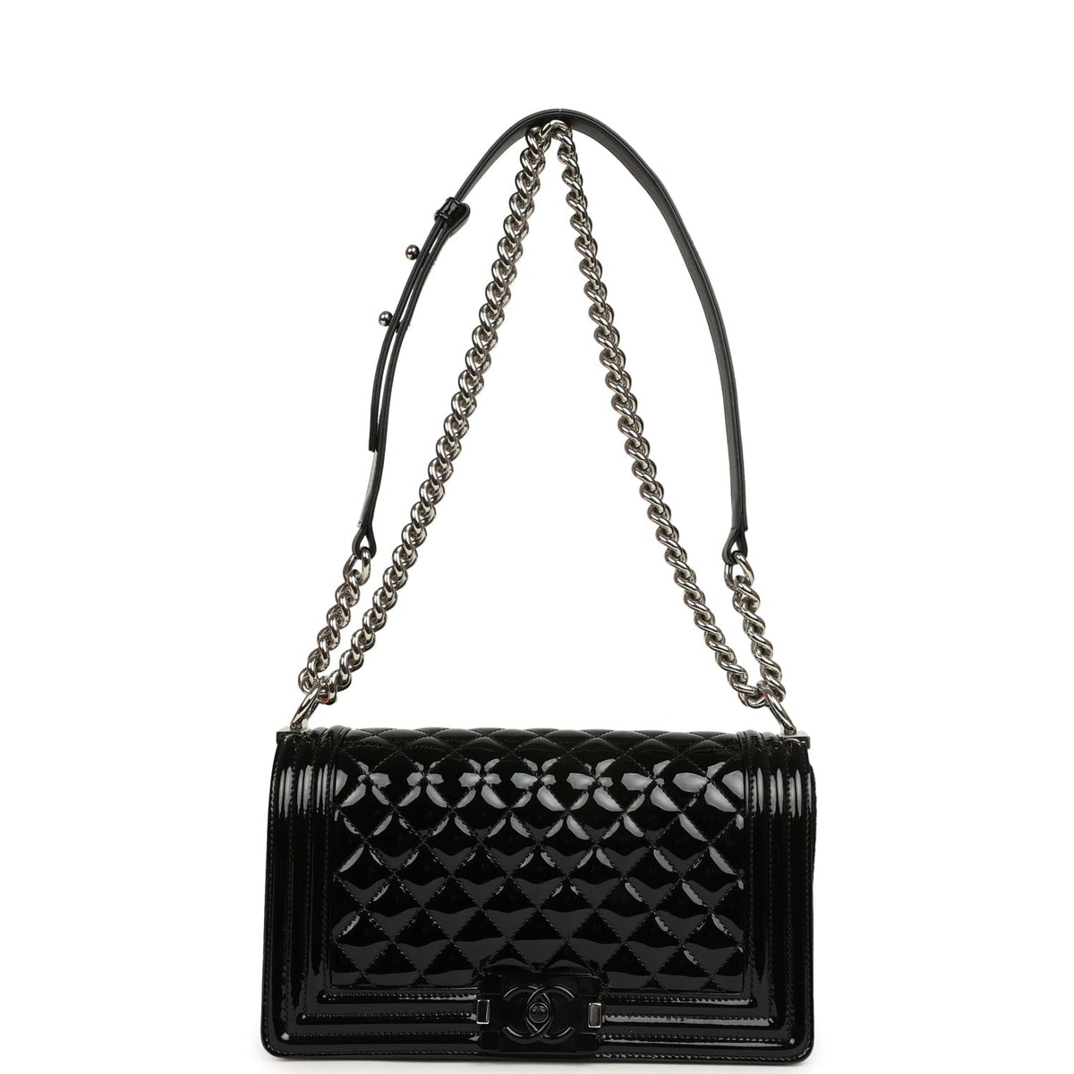 Pre-owned Chanel Medium Boy Bag Black Patent Silver Hardware