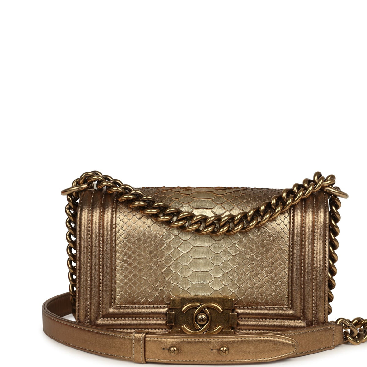 Pre-owned Chanel Small Boy Bag Metallic Gold Python Antique Gold Hardware