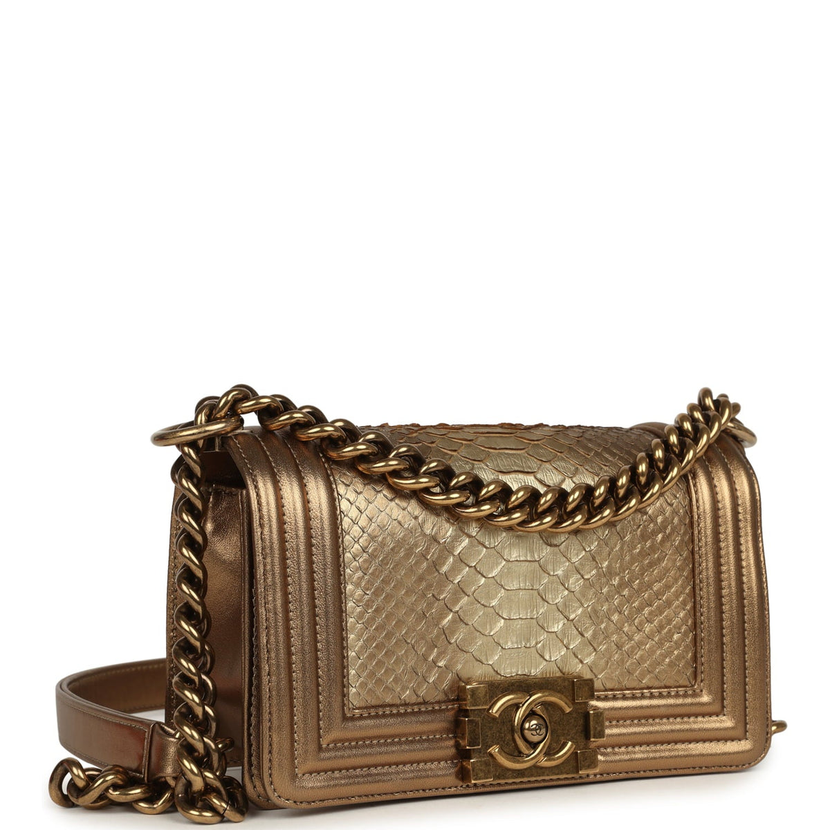 Pre-owned Chanel Small Boy Bag Metallic Gold Python Antique Gold Hardware