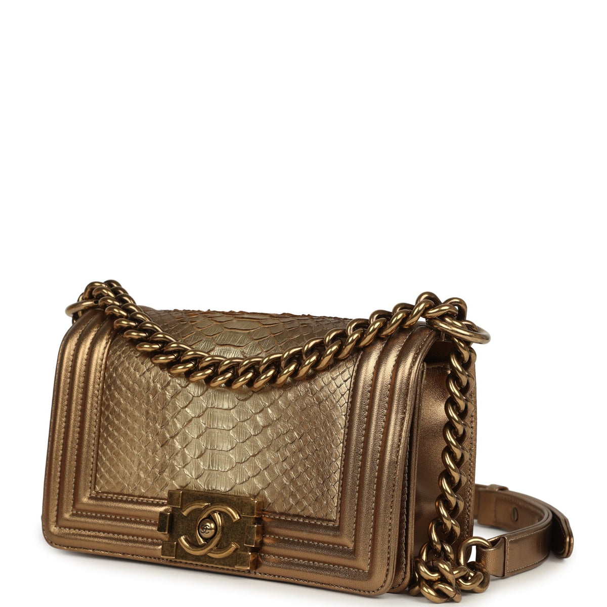 Pre-owned Chanel Small Boy Bag Metallic Gold Python Antique Gold Hardware