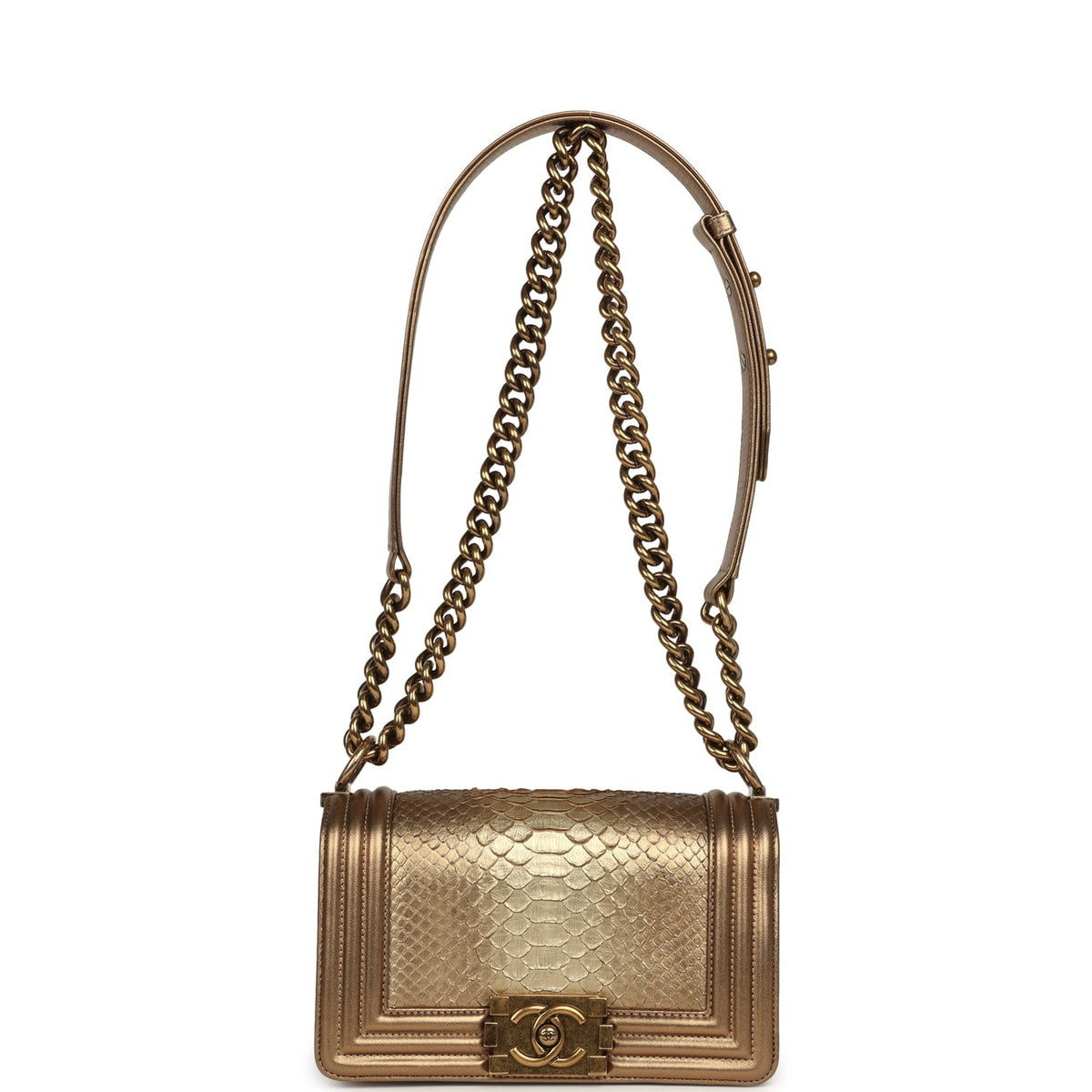 Pre-owned Chanel Small Boy Bag Metallic Gold Python Antique Gold Hardware