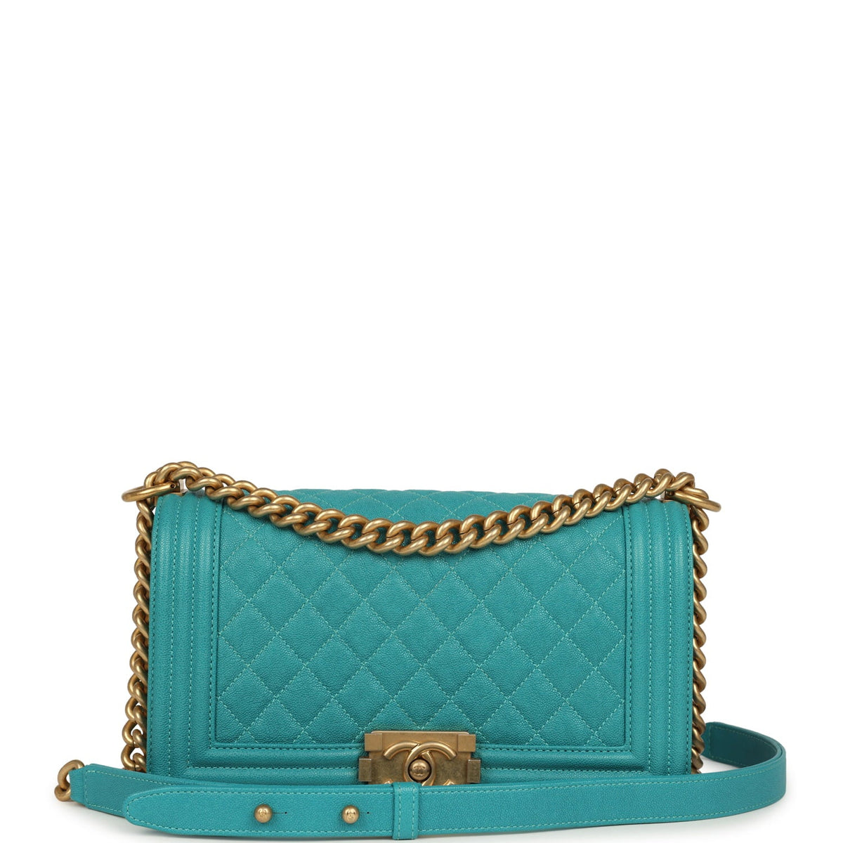 Pre-owned Chanel Medium Boy Bag Turquoise Shiny Caviar Antique Gold Hardware