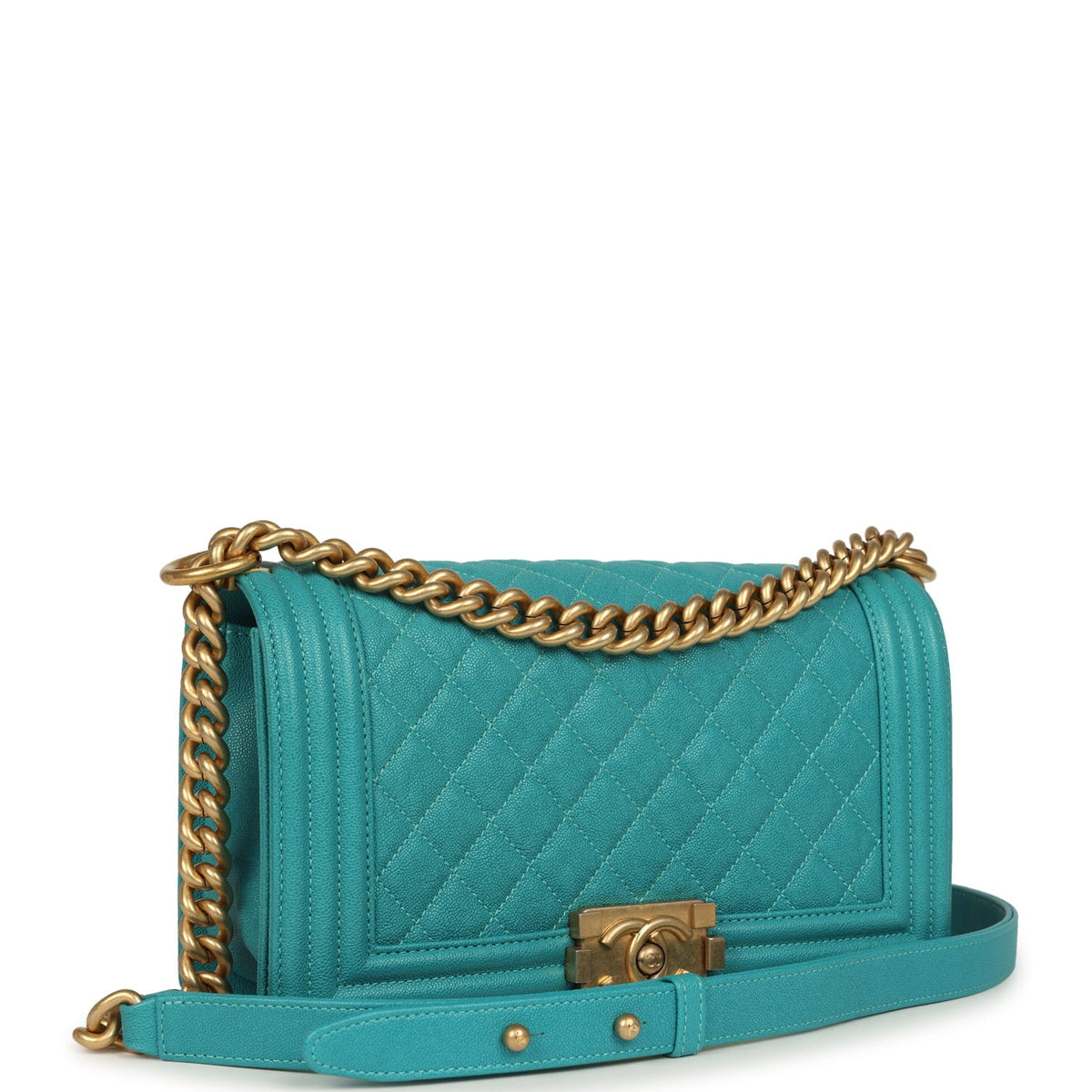 Pre-owned Chanel Medium Boy Bag Turquoise Shiny Caviar Antique Gold Hardware