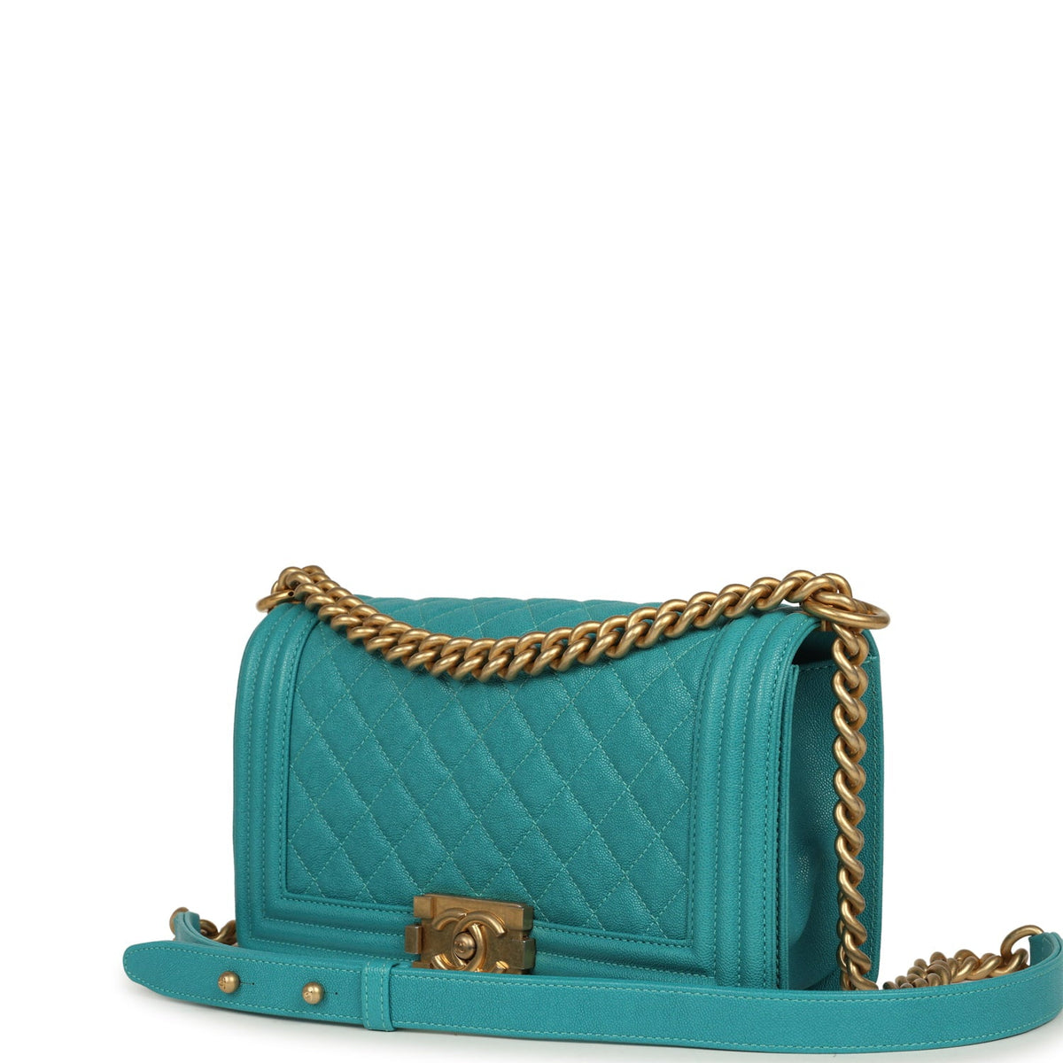 Pre-owned Chanel Medium Boy Bag Turquoise Shiny Caviar Antique Gold Hardware