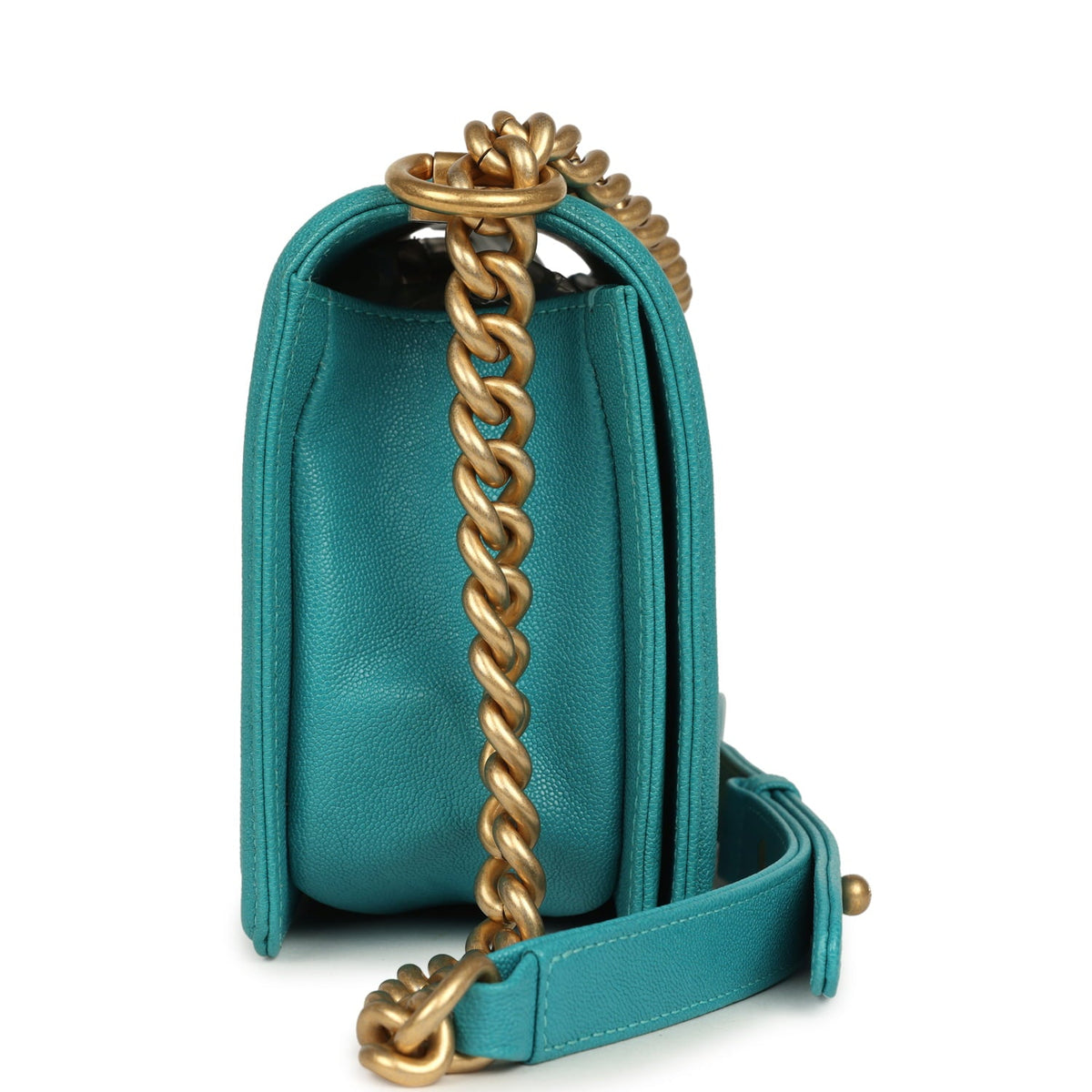 Pre-owned Chanel Medium Boy Bag Turquoise Shiny Caviar Antique Gold Hardware
