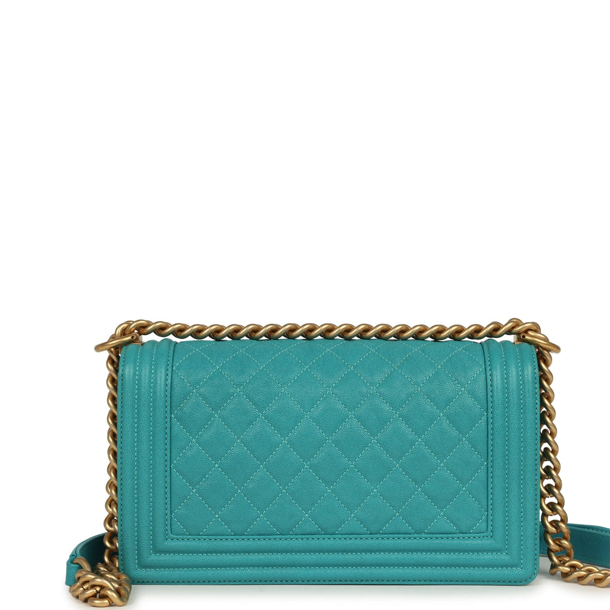 Pre-owned Chanel Medium Boy Bag Turquoise Shiny Caviar Antique Gold Hardware