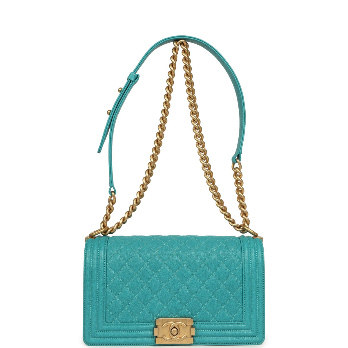 Pre-owned Chanel Medium Boy Bag Turquoise Shiny Caviar Antique Gold Hardware