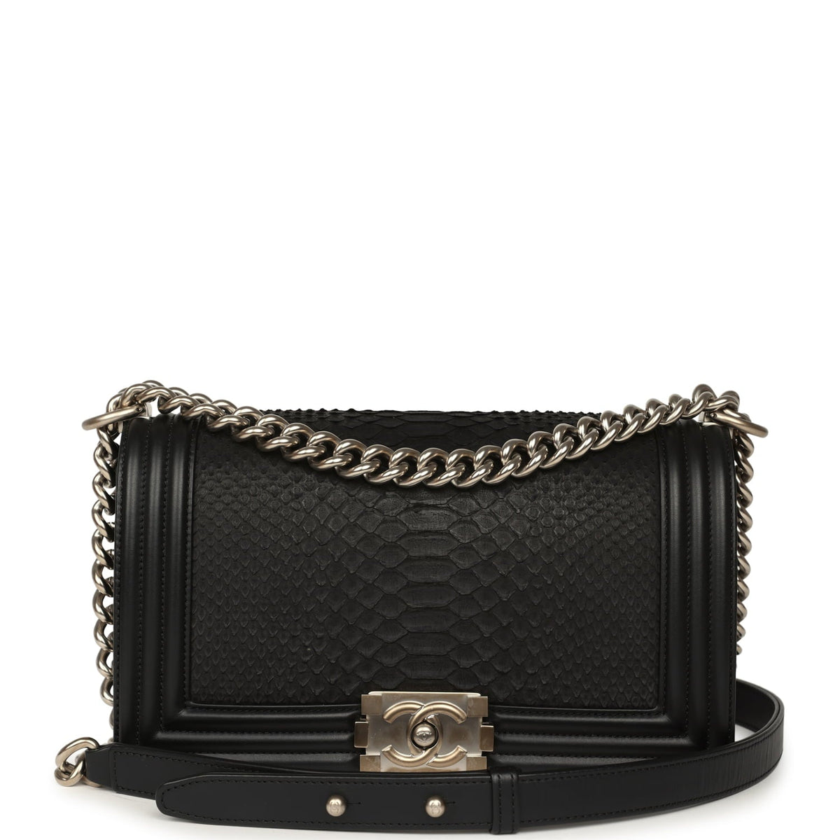 Pre-owned Chanel Boy Bag Black Python, Calfskin Matte Silver Hardware