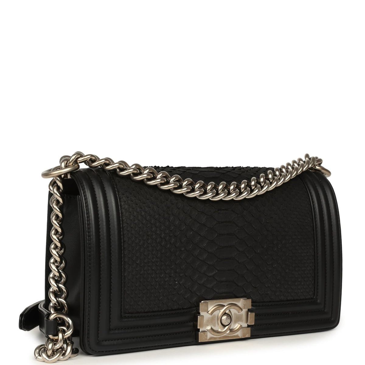 Pre-owned Chanel Boy Bag Black Python, Calfskin Matte Silver Hardware