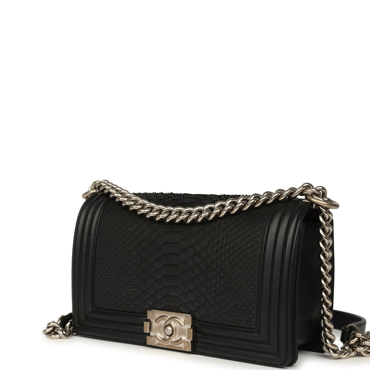 Pre-owned Chanel Boy Bag Black Python, Calfskin Matte Silver Hardware