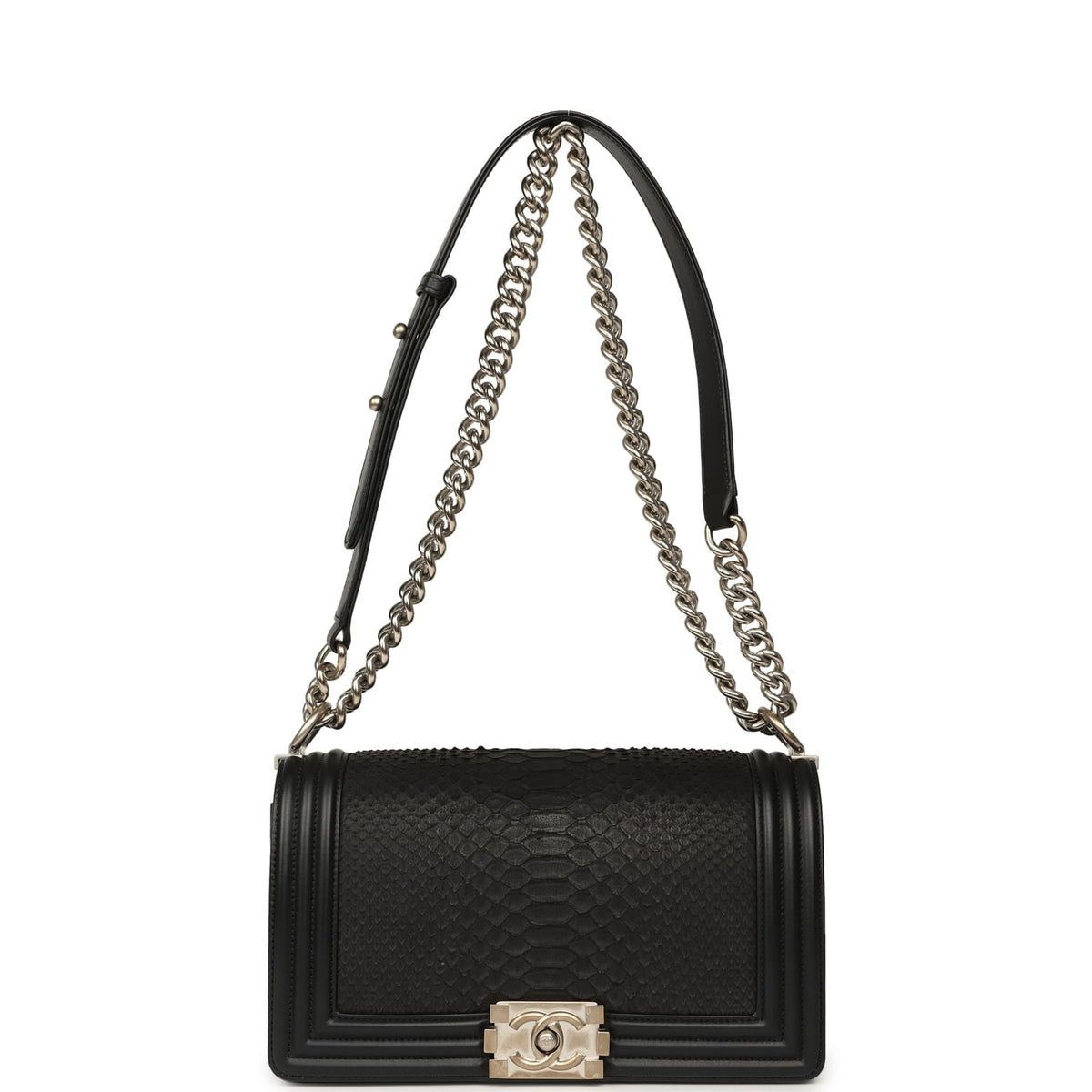 Pre-owned Chanel Boy Bag Black Python, Calfskin Matte Silver Hardware