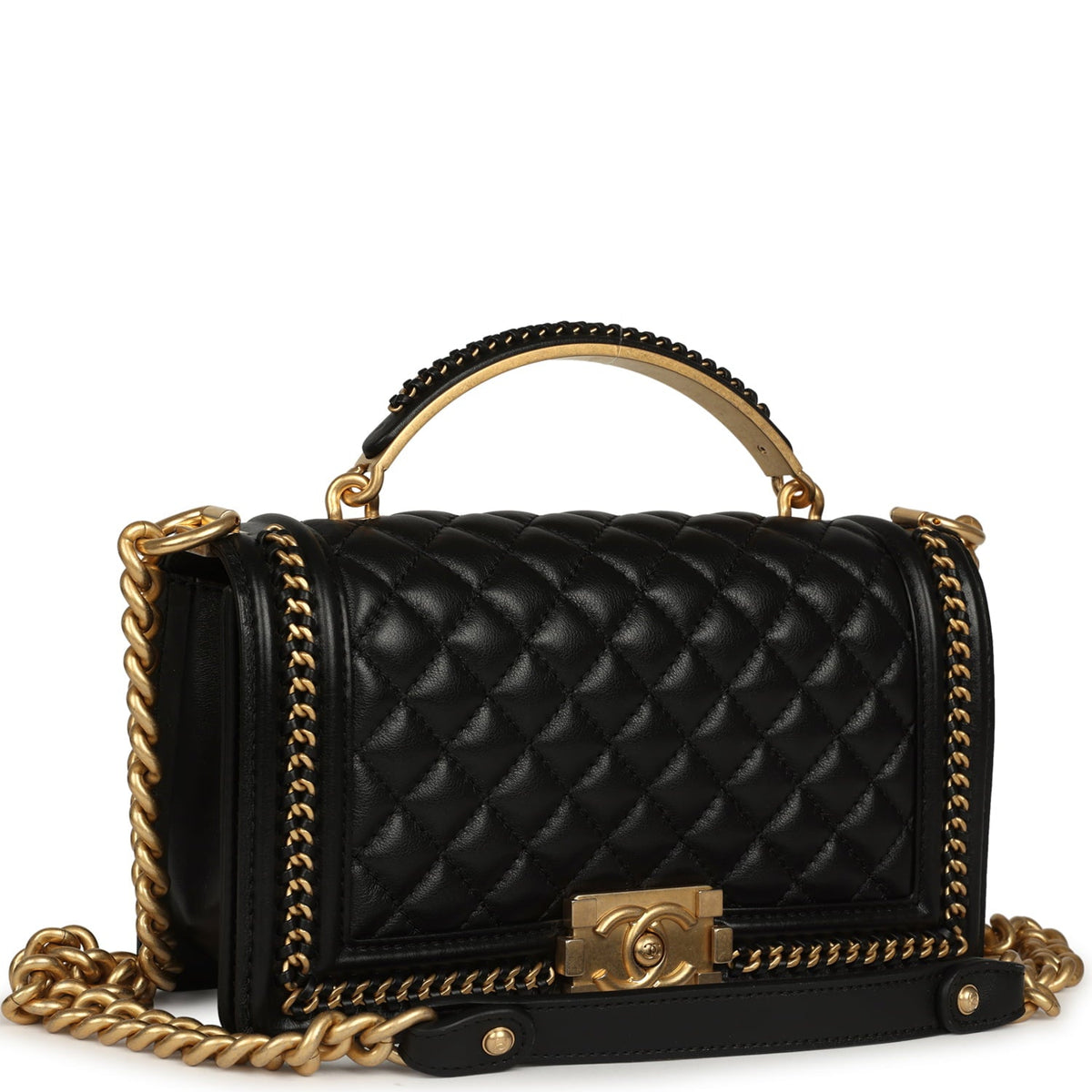 Chanel Medium Top Handle Braided Boy Bag Black Shiny Lambskin Antique Gold Hardware