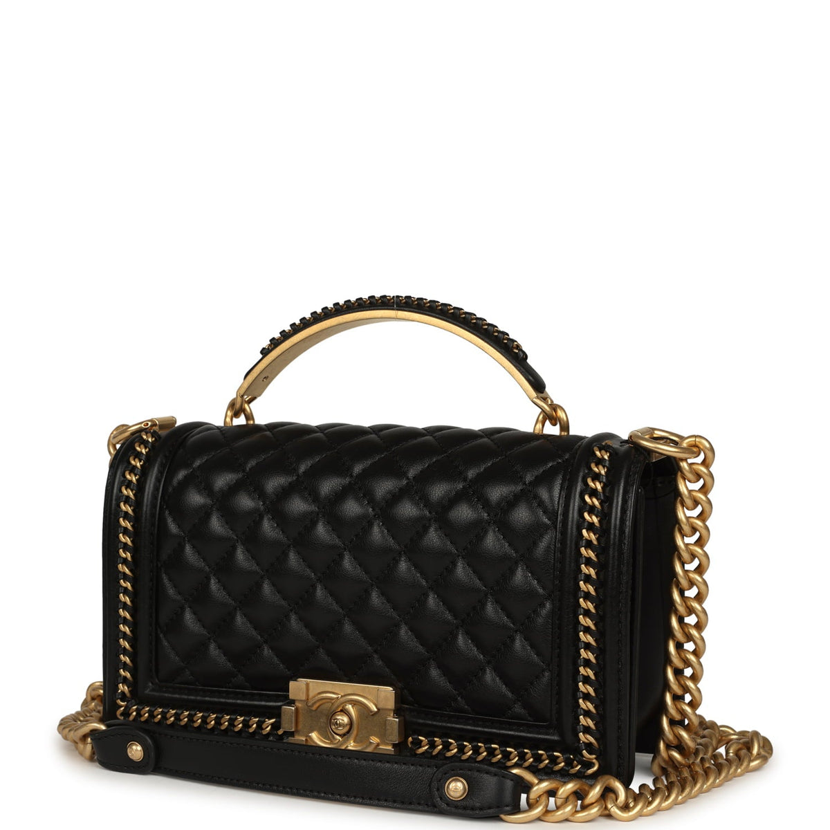 Chanel Medium Top Handle Braided Boy Bag Black Shiny Lambskin Antique Gold Hardware