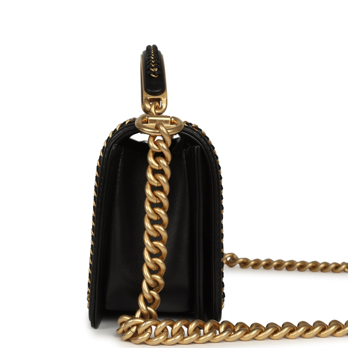 Chanel Medium Top Handle Braided Boy Bag Black Shiny Lambskin Antique Gold Hardware