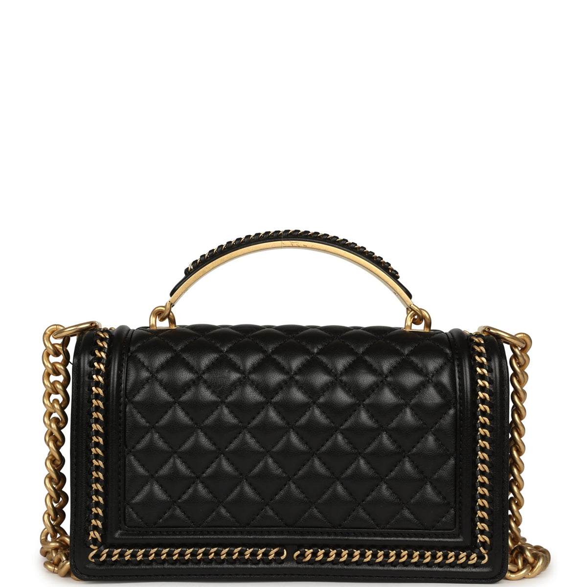 Chanel Medium Top Handle Braided Boy Bag Black Shiny Lambskin Antique Gold Hardware