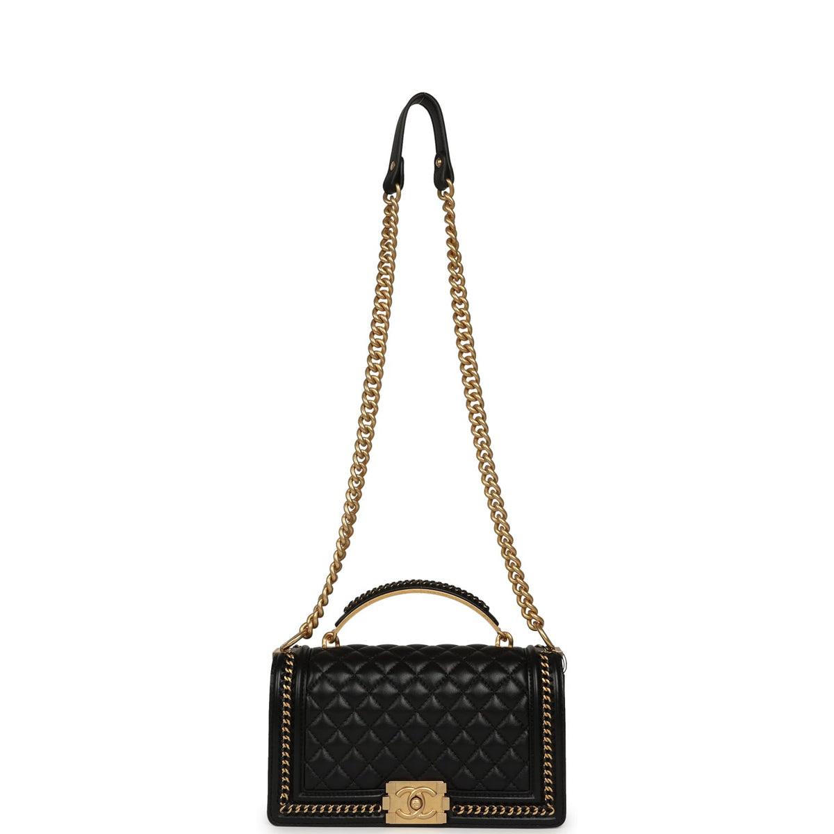 Chanel Medium Top Handle Braided Boy Bag Black Shiny Lambskin Antique Gold Hardware