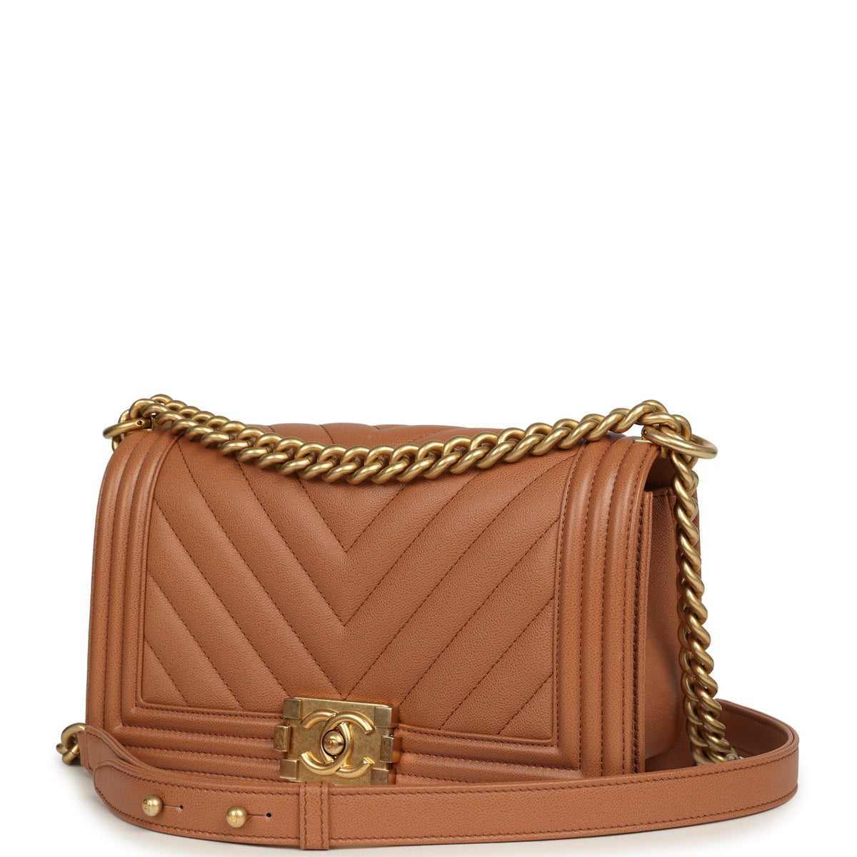 Pre-owned Chanel Medium Chevron Boy Bag Brown Caviar Antique Gold Hardware