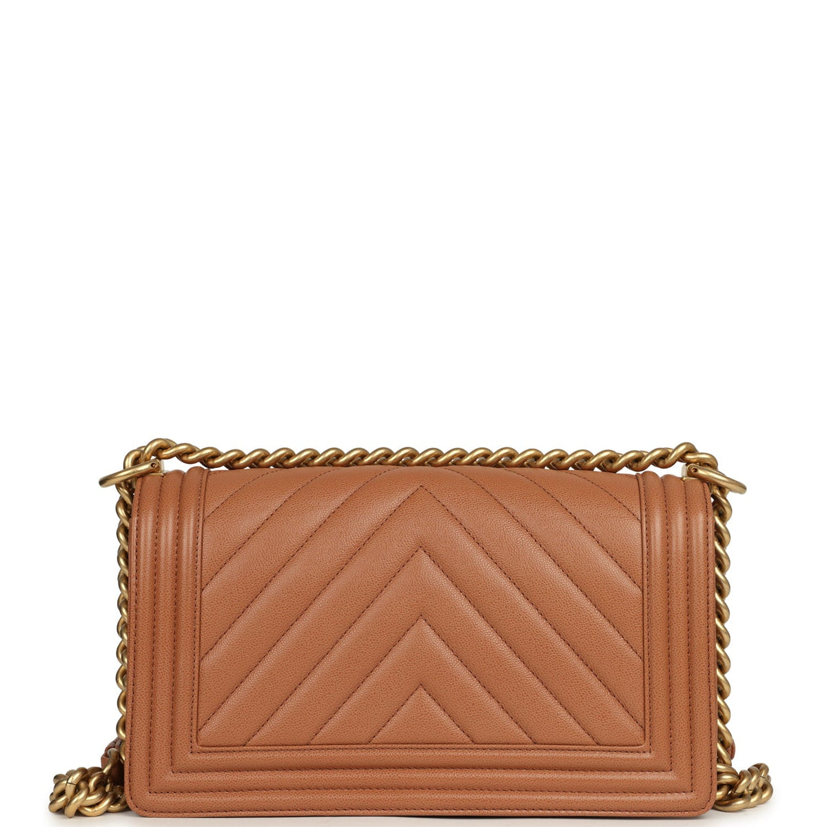 Pre-owned Chanel Medium Chevron Boy Bag Brown Caviar Antique Gold Hardware