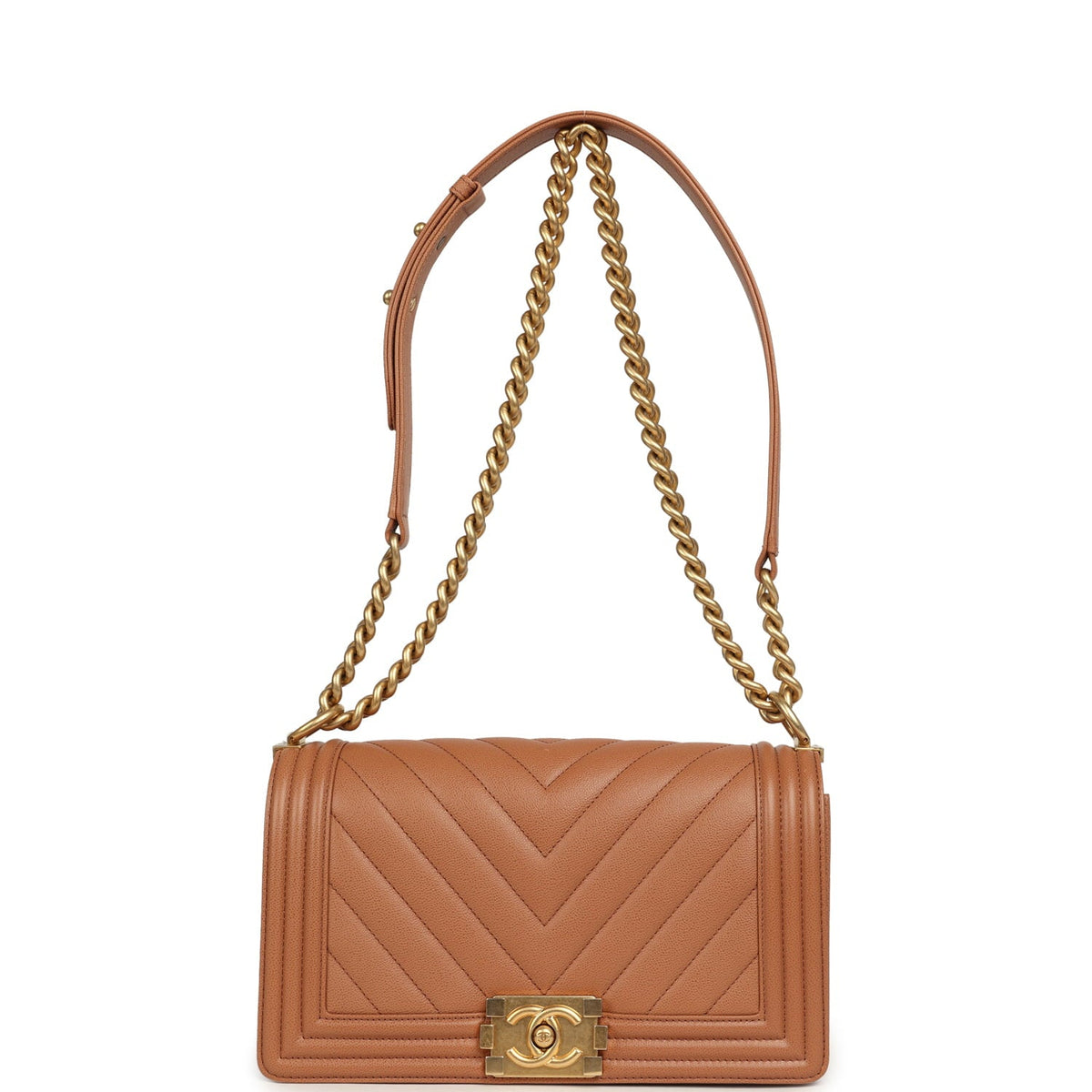 Pre-owned Chanel Medium Chevron Boy Bag Brown Caviar Antique Gold Hardware