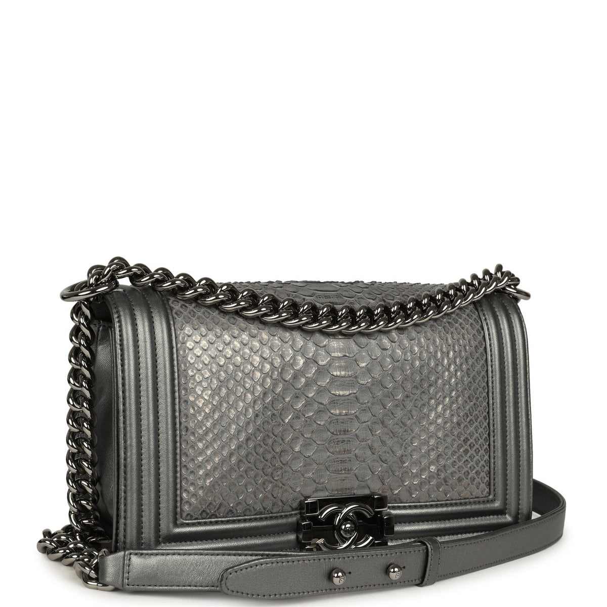 Pre-owned Chanel Medium Boy Bag Silver Python Ruthenium Hardware