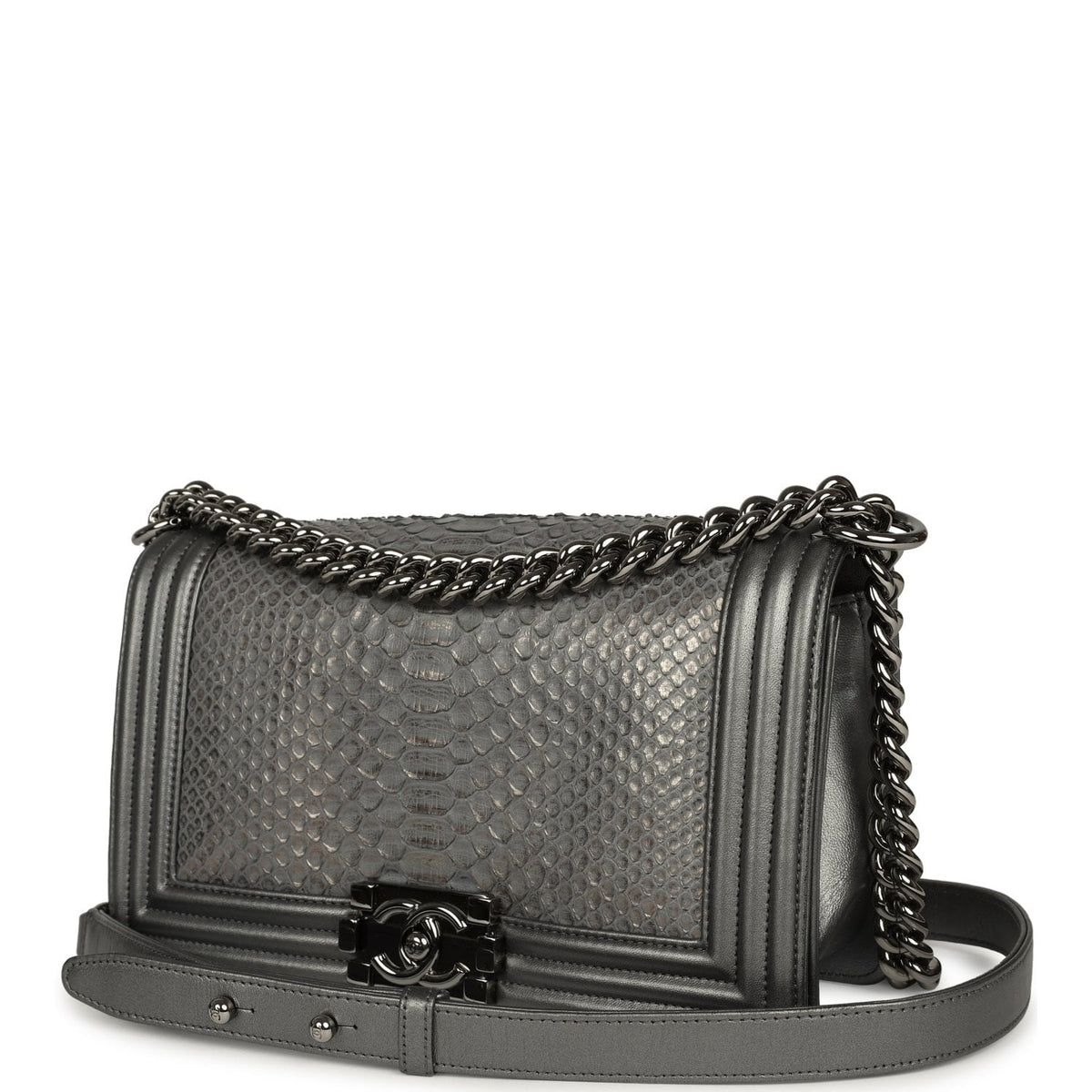 Pre-owned Chanel Medium Boy Bag Silver Python Ruthenium Hardware