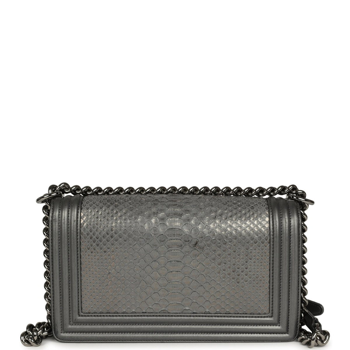 Pre-owned Chanel Medium Boy Bag Silver Python Ruthenium Hardware