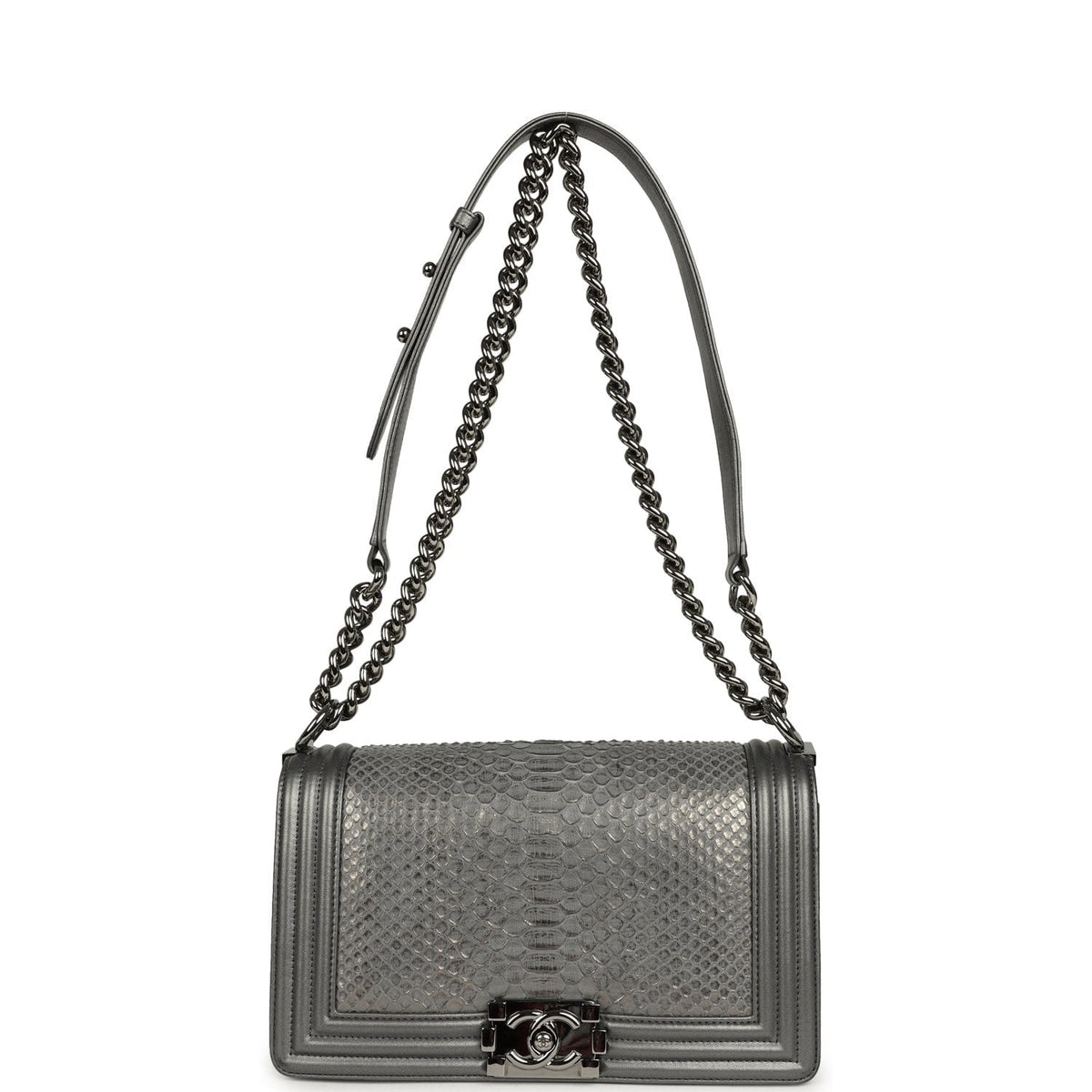 Pre-owned Chanel Medium Boy Bag Silver Python Ruthenium Hardware