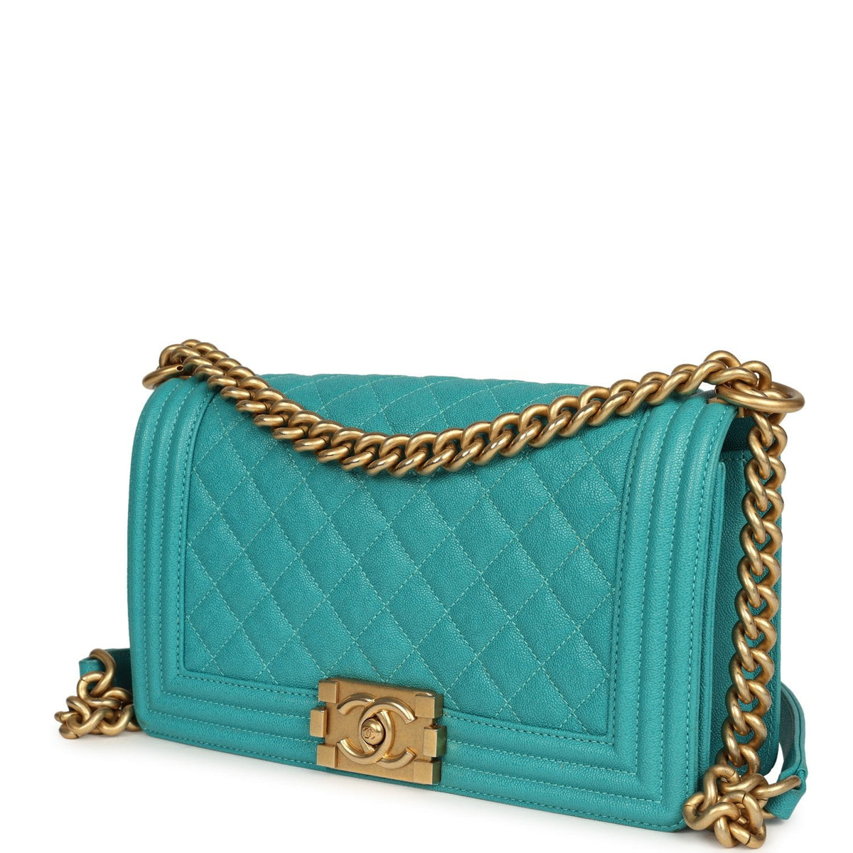Pre-owned Chanel Medium Boy Bag Turquoise Caviar Antique Gold Hardware
