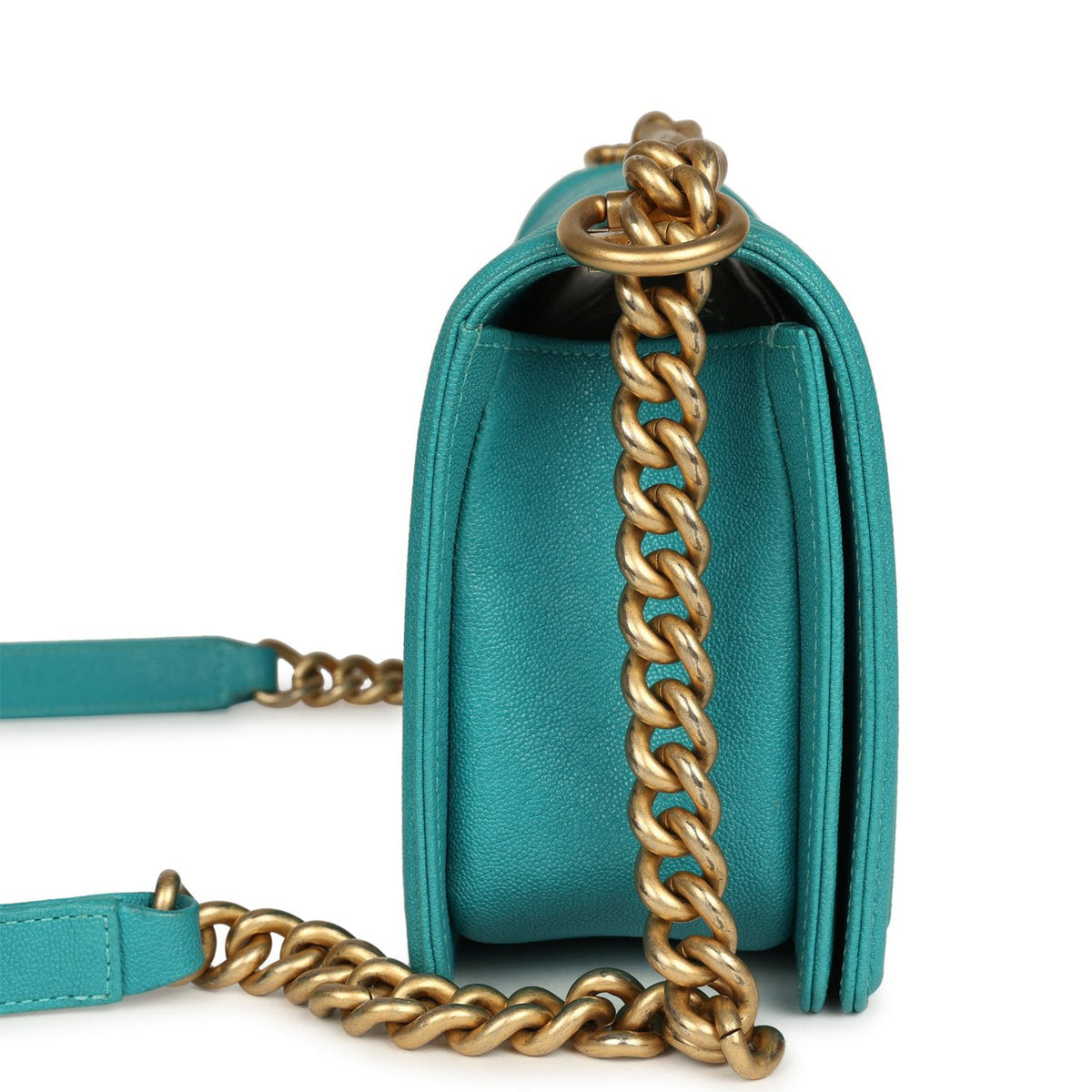 Pre-owned Chanel Medium Boy Bag Turquoise Caviar Antique Gold Hardware